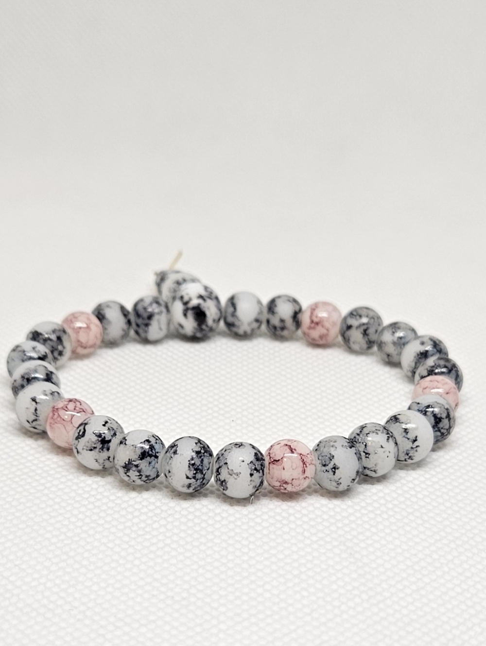 Black White Marble Bead Bracelet Pink Accent Stretch Minimalist